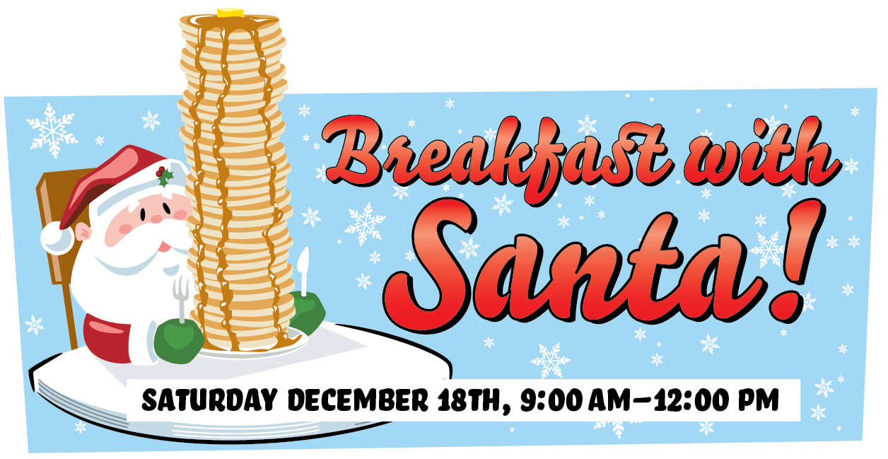Breakfast with Santa Headline with an illustration of Santa eating a very large stack of pancakes