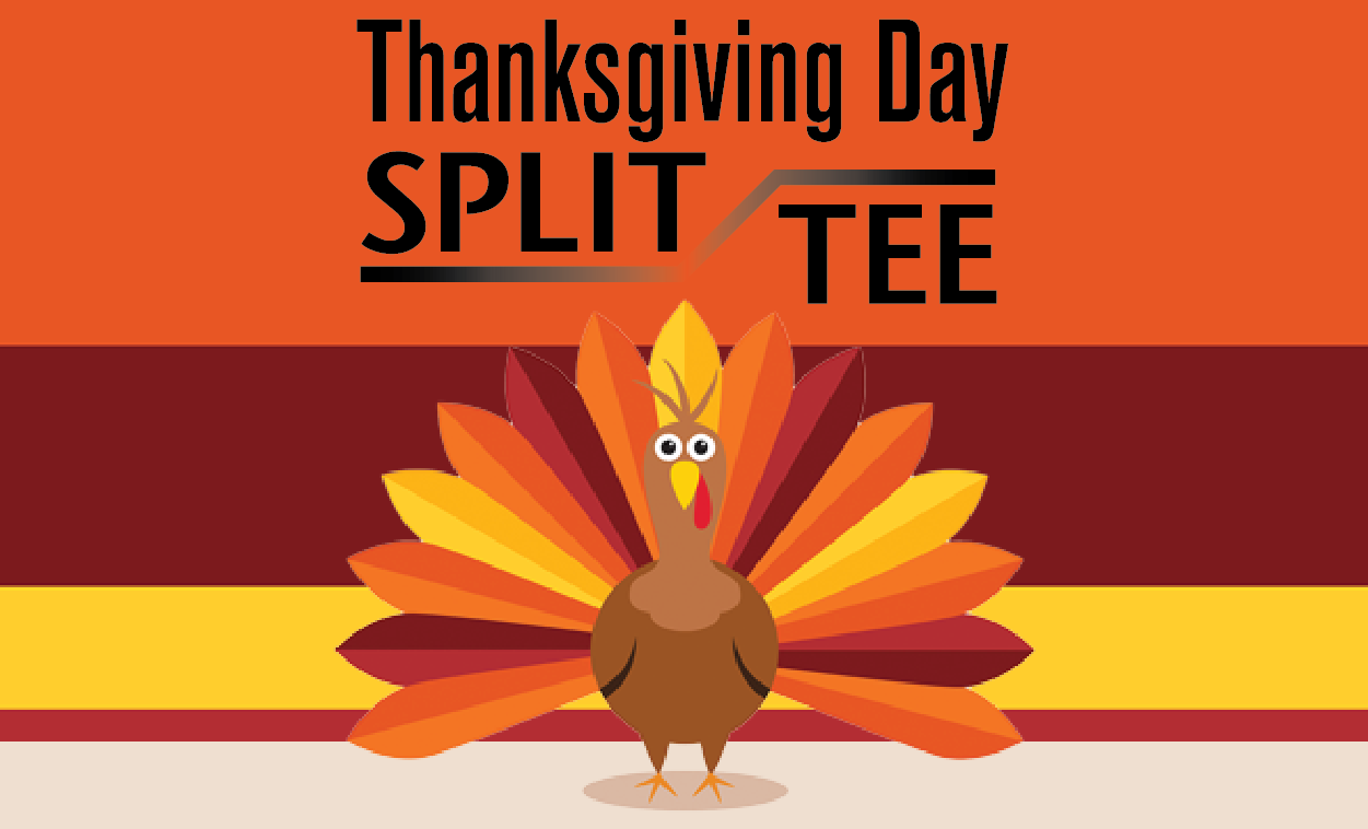 Thanksgiving Day Split Tee headline with illustration of turkey